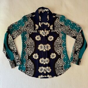 Express Portofino Shirt Floral Geometric Pattern Blue Teal Black Size XSmall‎